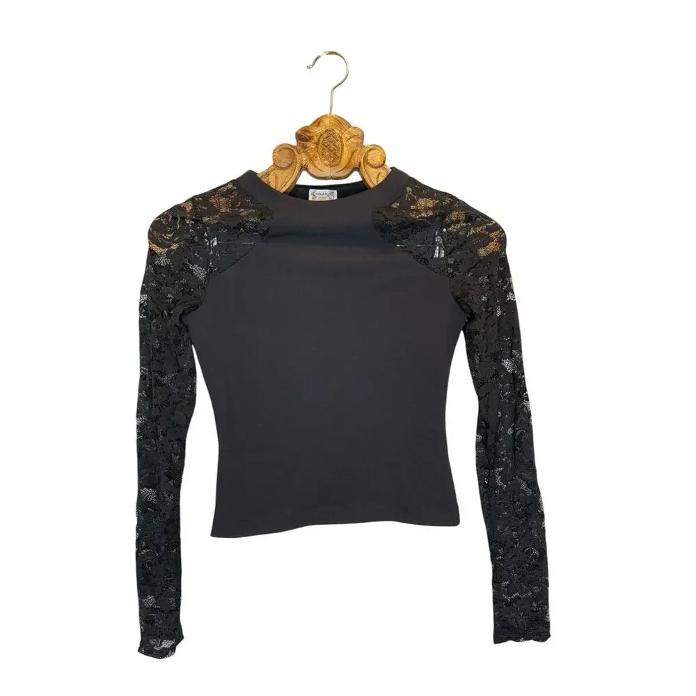Free People Intimately Top Black Lace Long Sleeve No Excuses xs